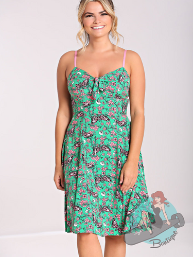 Green sundress with pink printed design of moths, flowers, and skulls. 1990's style flared dress for goth or pin up style.