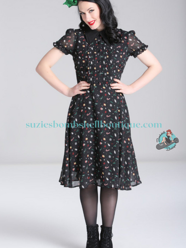 Hell Bunny CanadaHell Bunny Natalie Midi Dress knee length black dress with festive christmas print of candy canes presents holly retro vintage 40s 50s pinup dress Canadian Pin-Up Shop Suzie's Bombshell Boutique