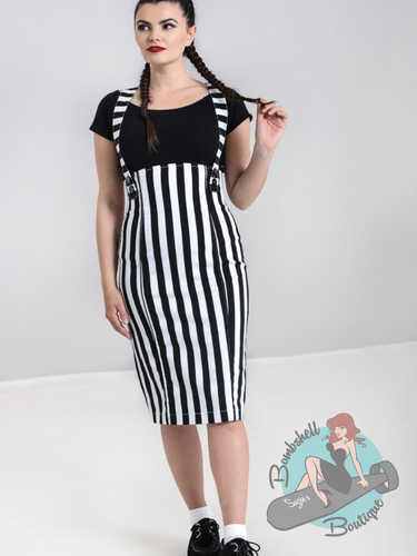 Black and White striped pencil skirt with removable straps. A perfect wiggle skirt for creating a 1950s pin up look.