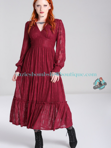 Hell Bunny Rhea Dress Hell Bunny Canada goth gothic maxi dress in burgundy stretch lace long sleeves v neck vamp altfashion retro vintage like gunne sax spooky girl long dress 70s daisy and the six inspired pinup girl dress Canadian Pin-Up shop Suzie's bombshell boutique