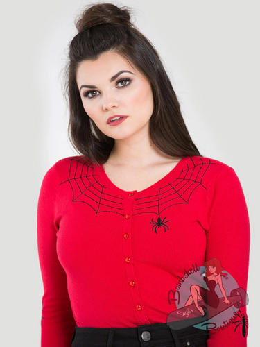Pinup girl wearing goth clothing red cardigan with black spider and spiderweb embroidery