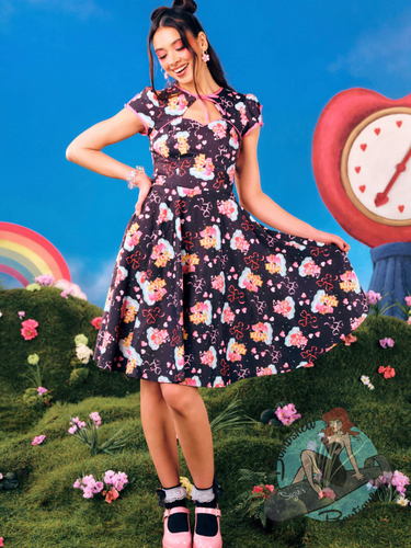 Pinup girl wearing Black swing dress with Care Bears print on it