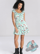 pinup girl wearing hell bunny mexican themed sugar skull mini dress
