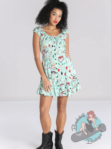 pinup girl wearing hell bunny mexican themed sugar skull mini dress