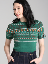 Hell Bunny CanadaHell Bunny Vixey Sweater Jumper Fall Autumn fox knit top in green brown and cream short sleeves retro vintage pinup top altfashion Canadian Pin-Up Shop Suzie's Bombshell Boutique