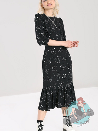 Black midlength dress with silver zodiac constellation pattern. A 1940's inspired pin up dress.