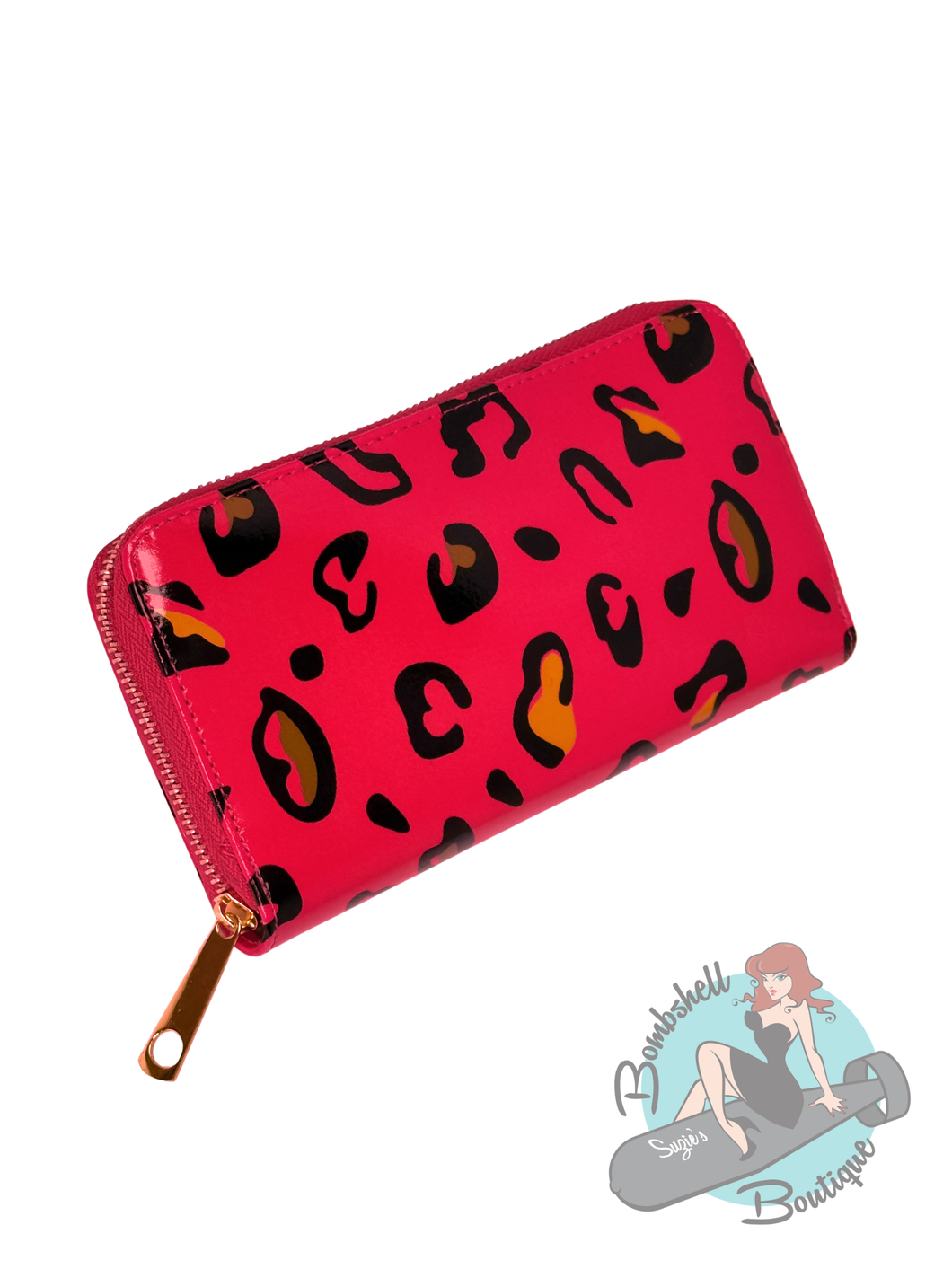 Red wallet with black and orange leopard print on a white background, featuring Bombshell Boutique logo.