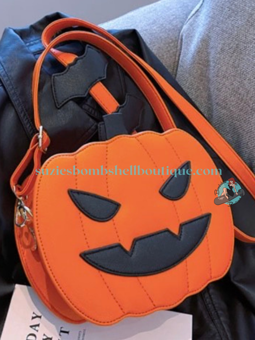 Jack-o-lantern halloween goth pinup crossbody bag purse of carved pumpkin head spooky goth altfashion bag Canadian Pin-Up Shop Suzie's Bombshell Boutique