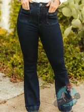 dark denim patch pocket flared jeans