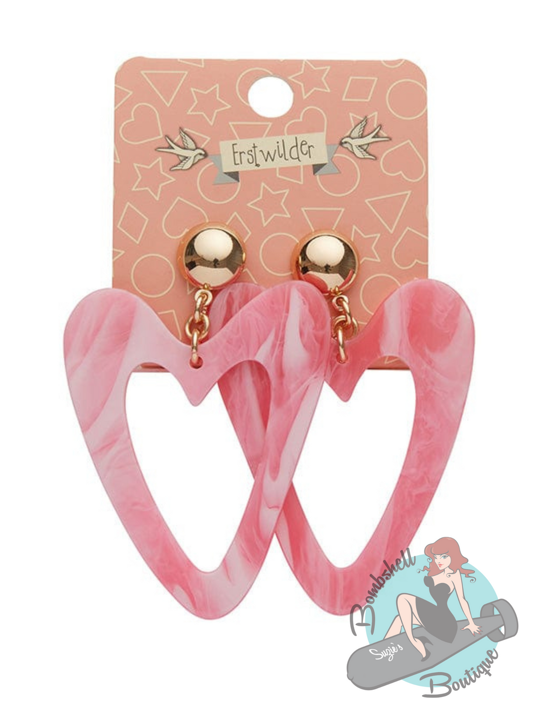 Marbled pink and white large heart earrings.
