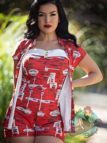 Red romper in mcm print with matching cover jacket in pinup tiki style.