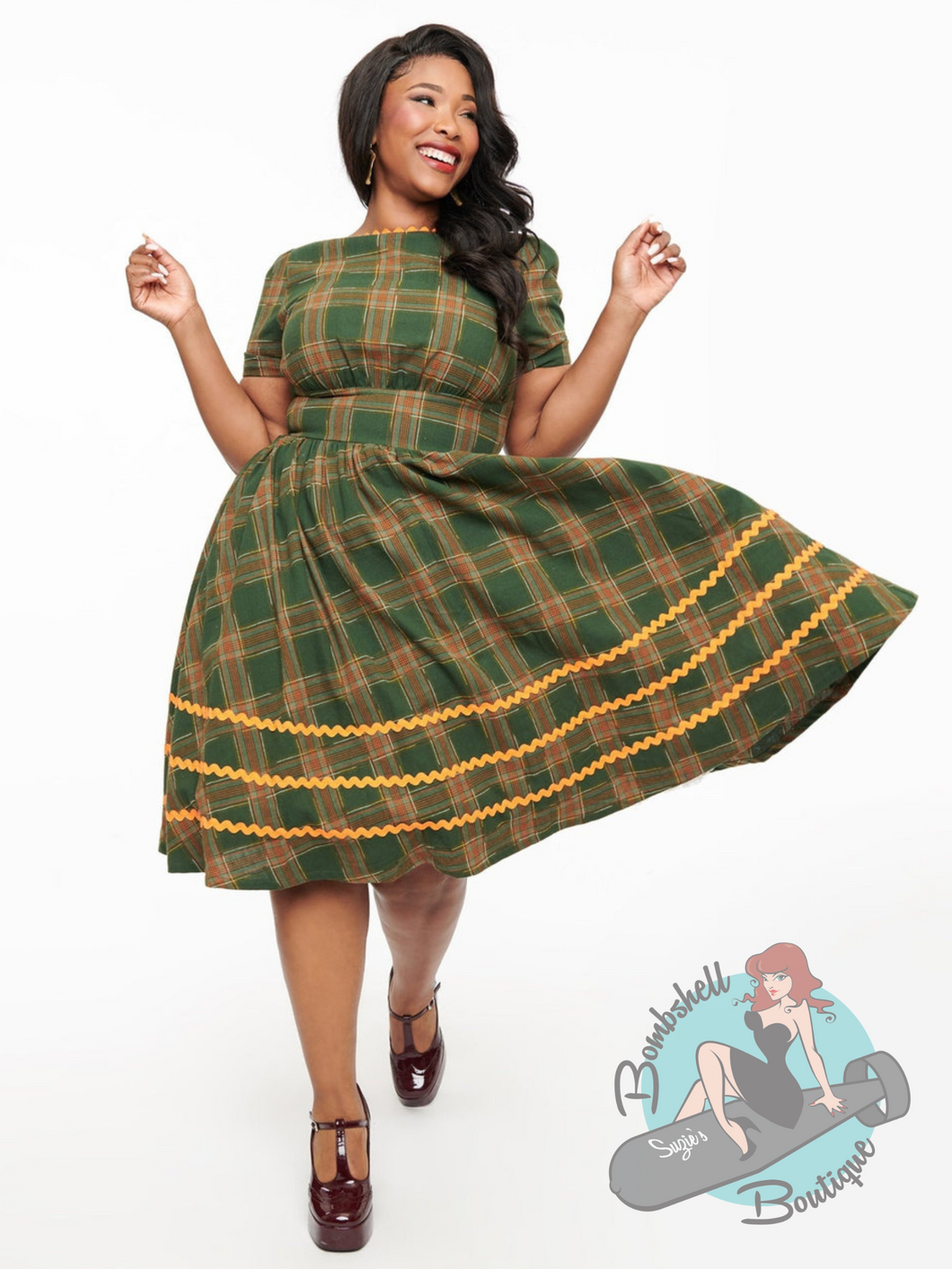 Unique Vintage Green Plaid Ric Rac Swing Dress Suzie's Bombshell Boutique Unique Vintage Green Plaid Ric Rac Swing Dress Suzie's Bombshell Boutique
