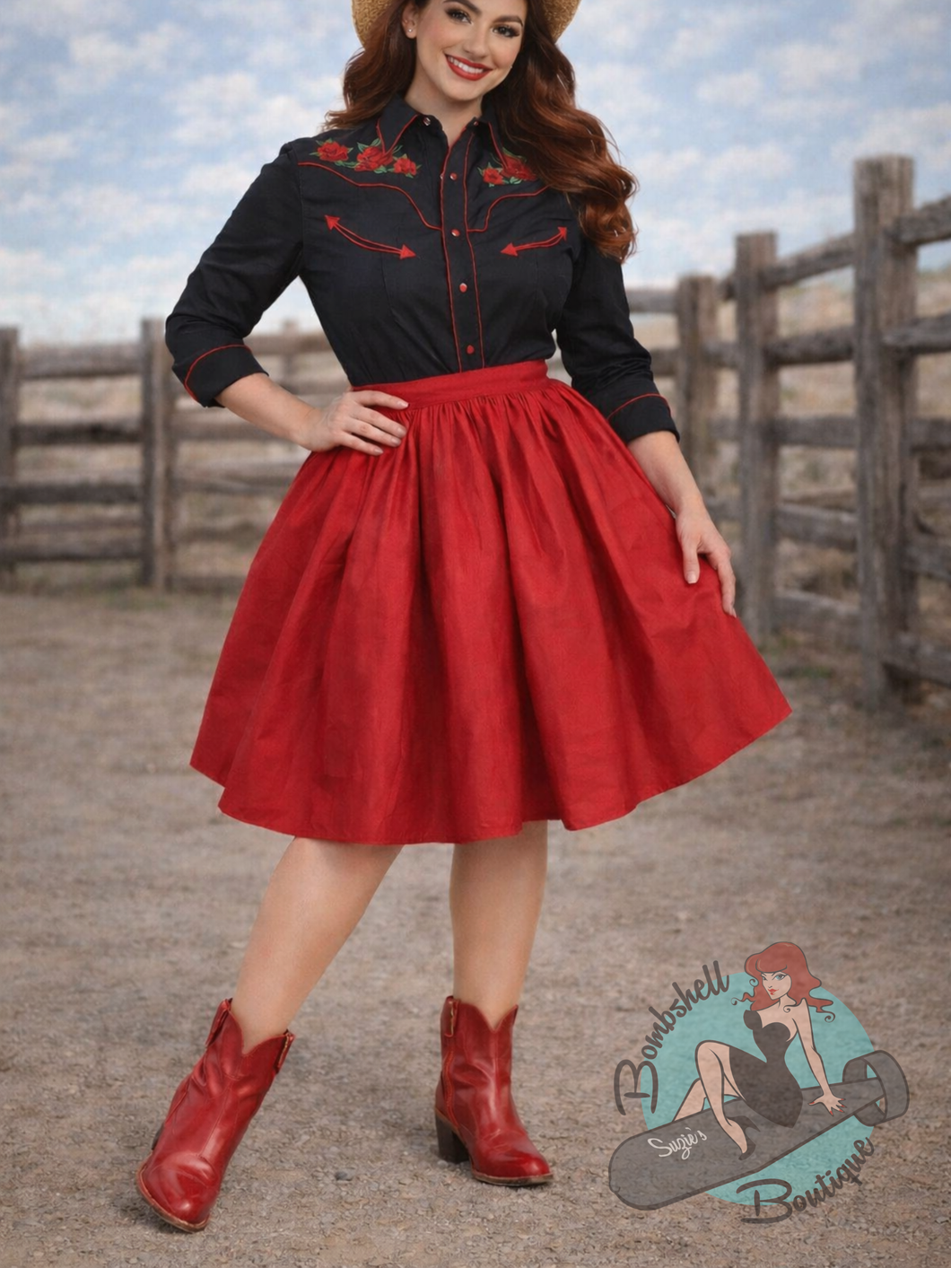 Western pinup woman wearing vintage westernwear and genuine leather red cowboy boots