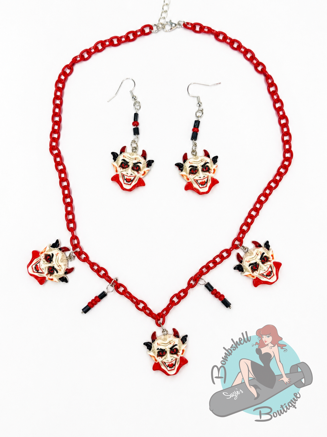 Retro Red Devil Necklace & Earrings Set