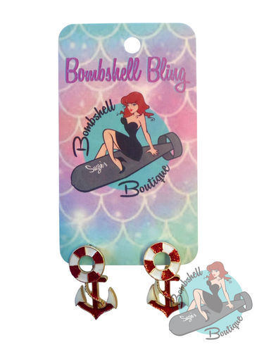 Bombshell Bling Red & White Anchor Earrings