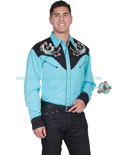 Scully Horseshoe Rose Embroidered Men's Shirt turquoise button up shirt with black cuffs and yolk with Western Rockabilly design embroidery with pearl snaps rock and roll musician shirt retro vintage westernwear for men 50s shirt Canadian Pin-Up Shop Suzie's Bombshell Boutique