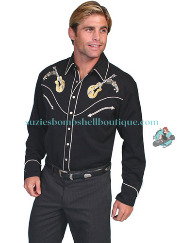 Scully Rock & Roll Embroidered Men's Shirt black shirt with gretsch guitar and music notes design on front and classic car design on back pearl snap buttons and white trim rockabilly western country and western musicians shirt for men retro vintage 50s style Canadian Pin-Up Shop Suzie's Bombshell Boutique