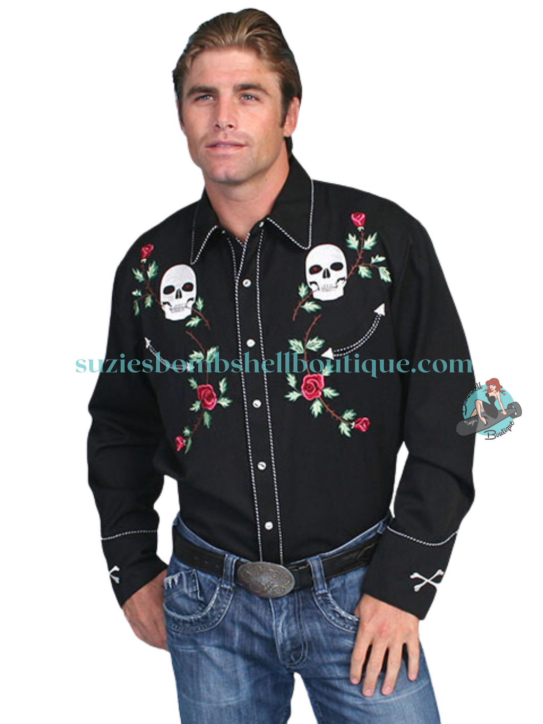 Scully Skull & Rose Embroidered Men's Shirt long sleeved black snap close shirt with white trim and goth skull and roses design skull and crossbones on cuffs with pearl snaps retro vintage rockabilly rock and roll western 1950s shirt for men Canadian Pin-Up Shop Suzie's Bombshell Boutique