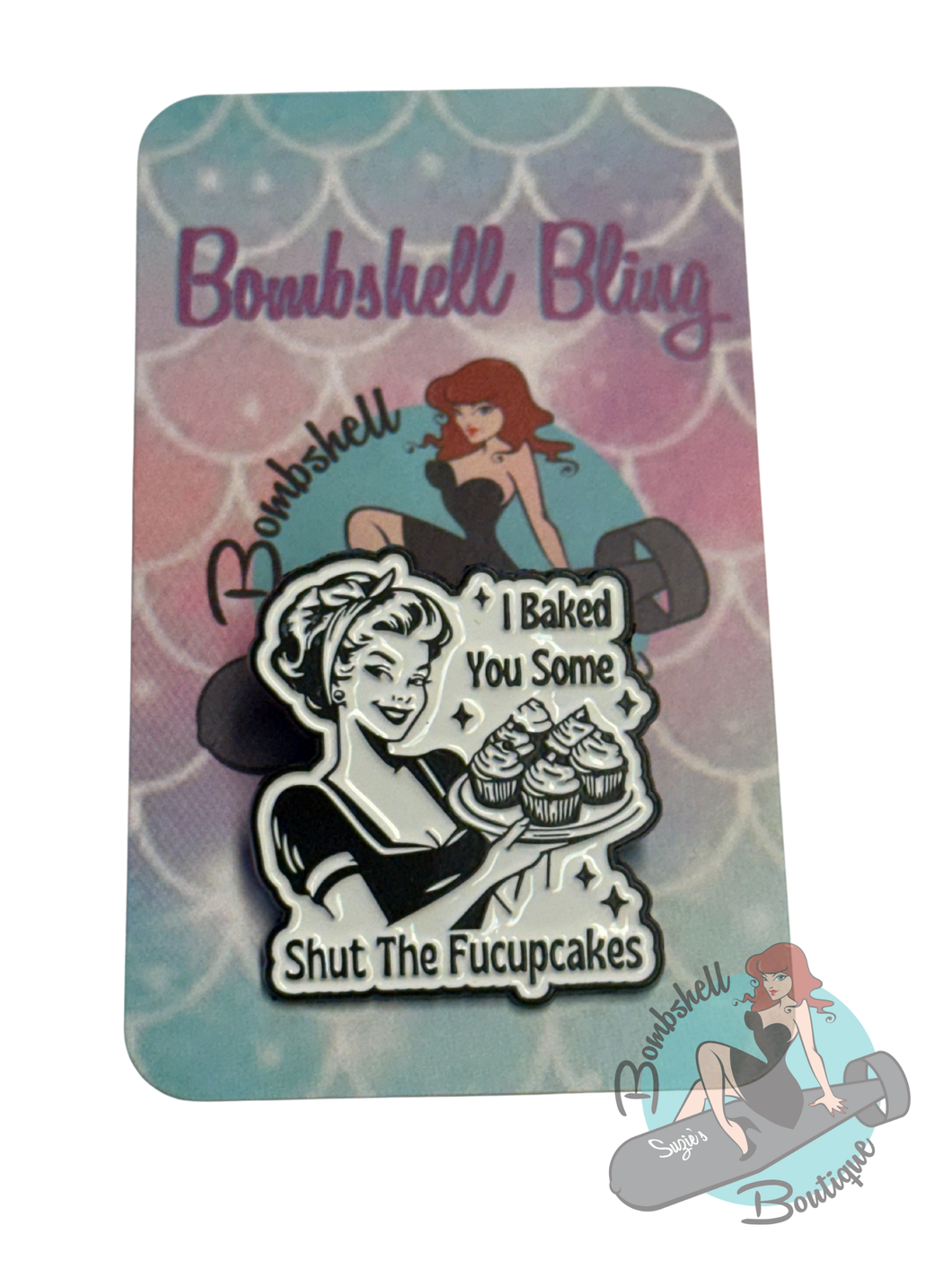 pin with vintage woman holding cupcakes