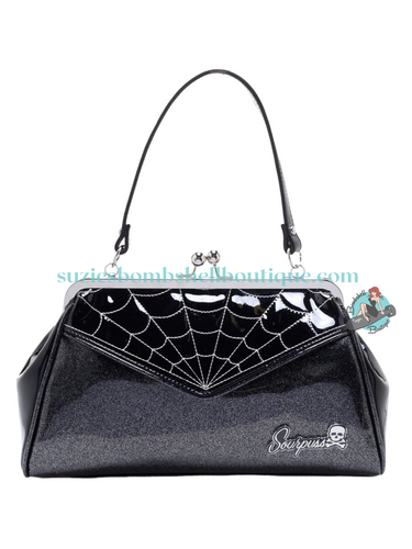 Sourpuss Canada Sourpuss Spiderweb Backseat Baby Bag black sparkle vinyl purse pinup handbag with kisslock closure and spider web design in black and silver goth halloween altfashion retro vintage 50s pinup purse accessories Canadian Pin-Up Shop Suzie's Bombshell Boutique