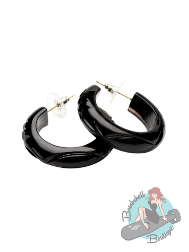 Splendette Black Heavy Carve Hoop Earrings