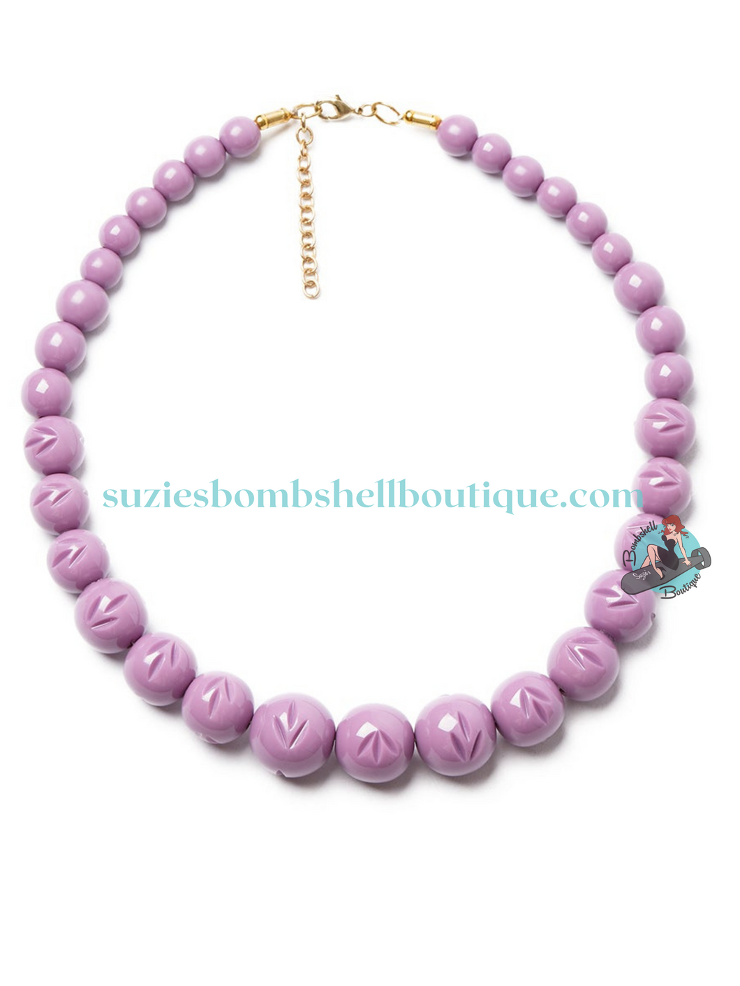 Splendette Canada Splendette Heather Heavy Carve Bead Necklace bakelite style carved necklace in lilac purple pastel retro vintage 40s 50s pinup jewellery costume jewelry Canadian Pin-Up Shop Suzie's Bombshell Boutique