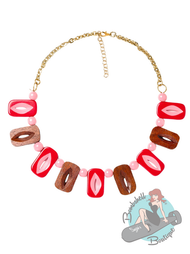 Tiki necklace with pink and wood beads by Splendette