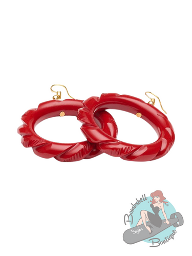 Splendette Red Heavy Carve Drop Hoop Earrings