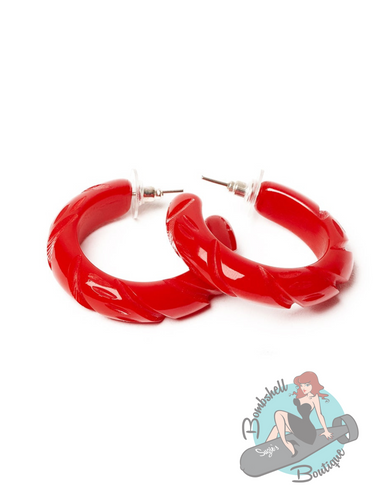 Splendette Red Heavy Carve Hoop Earrings