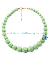 Splendette CanadaSplendette Tea Heavy Carve Bead Necklace pastel green mint tiki carved retro vintage 40s 50s pinup costume jewellery Canadian Pin-Up Shop Suzie's Bombshell Boutique