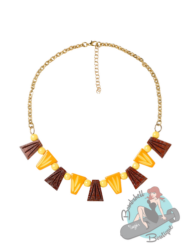 Necklace with brown and orange triangular pendants on a white background