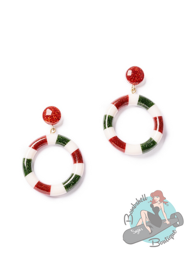 Splendette White, Red & Green Candy Striped Earrings