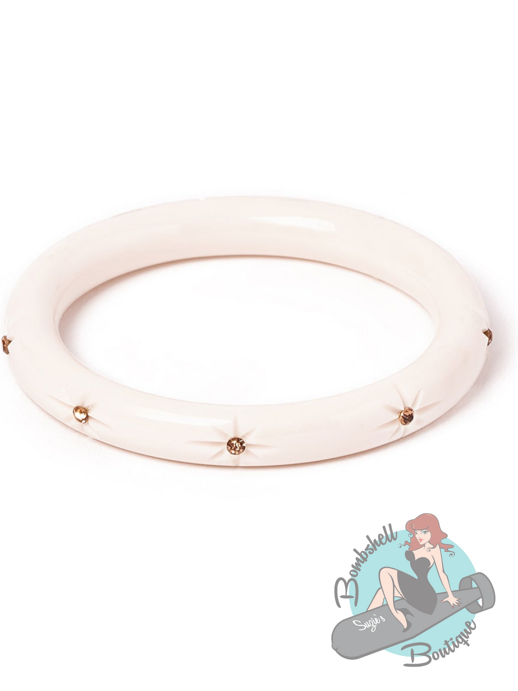 Narrow white bakelite style bangle with inlaid gold glitter starburst design. The perfect accessory for you pin up holiday dress.