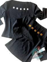 Vintage style boatneck top in black with embroidered ghost and pumpkin design