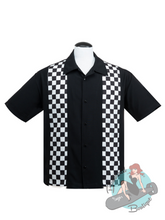 Short sleeved men's black button up bowling shirt with black and white checkered panels. A perfect shirt for a rockabilly or classic car guy.