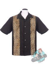 Short sleeved men's button down bowling shirt with fuzzy leopard print panels. A perfect shirt for a rockabilly or classic car guy.
