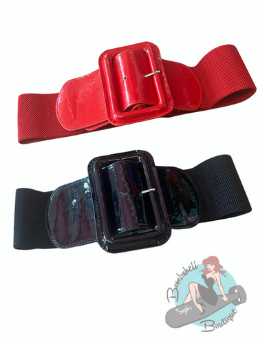 wide elasticated ladies corset belt in red and black for a pinup or vintage look