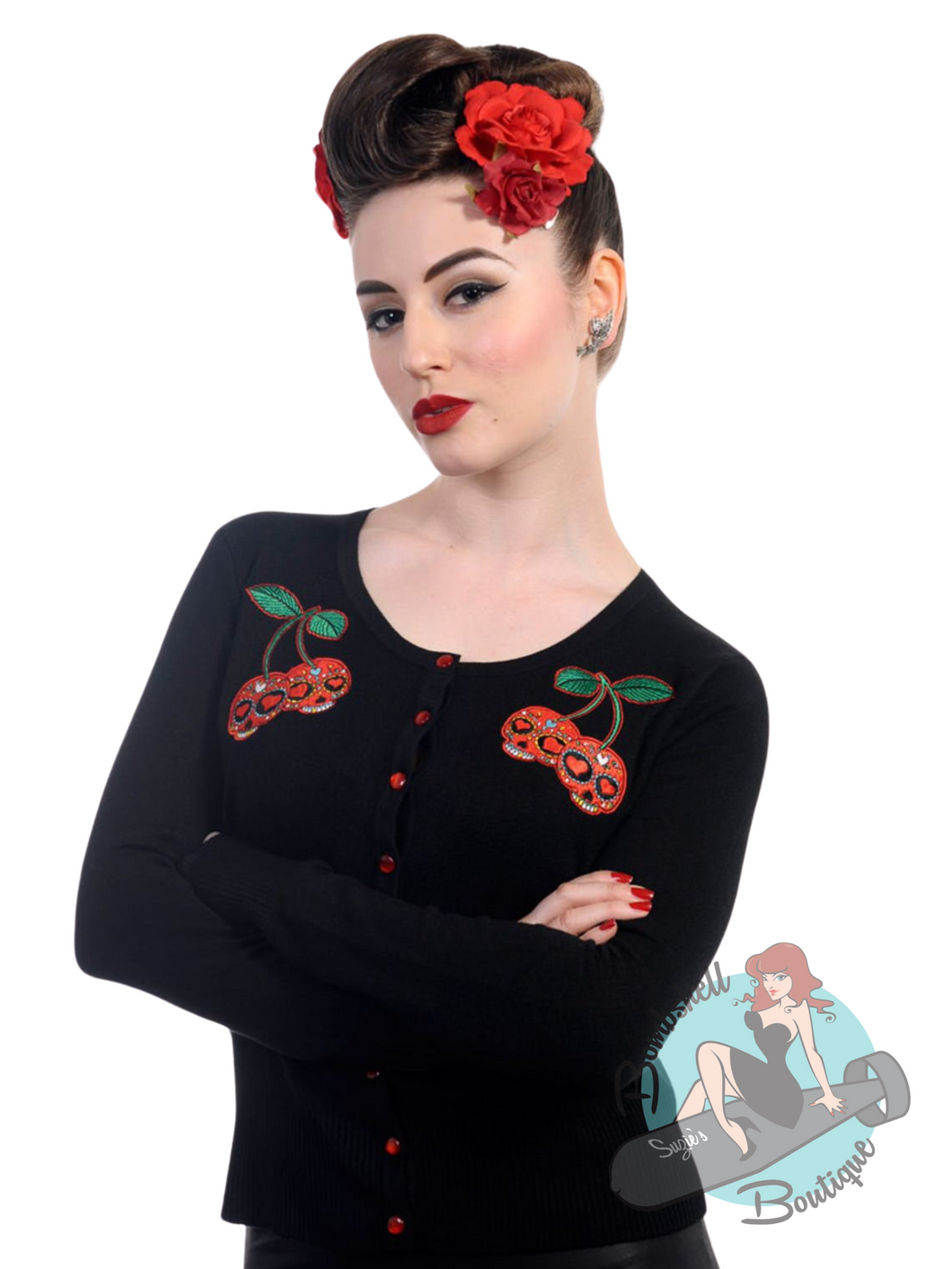 Black rockabilly cardigan with long sleeves, red buttons, and cherry sugar skull appliques. Perfect for a rockabilly pinup look.