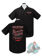 Black men's workshirt with Sun Records branding and artwork. The perfect button up short sleeved shirt for a vintage rockabilly guy.