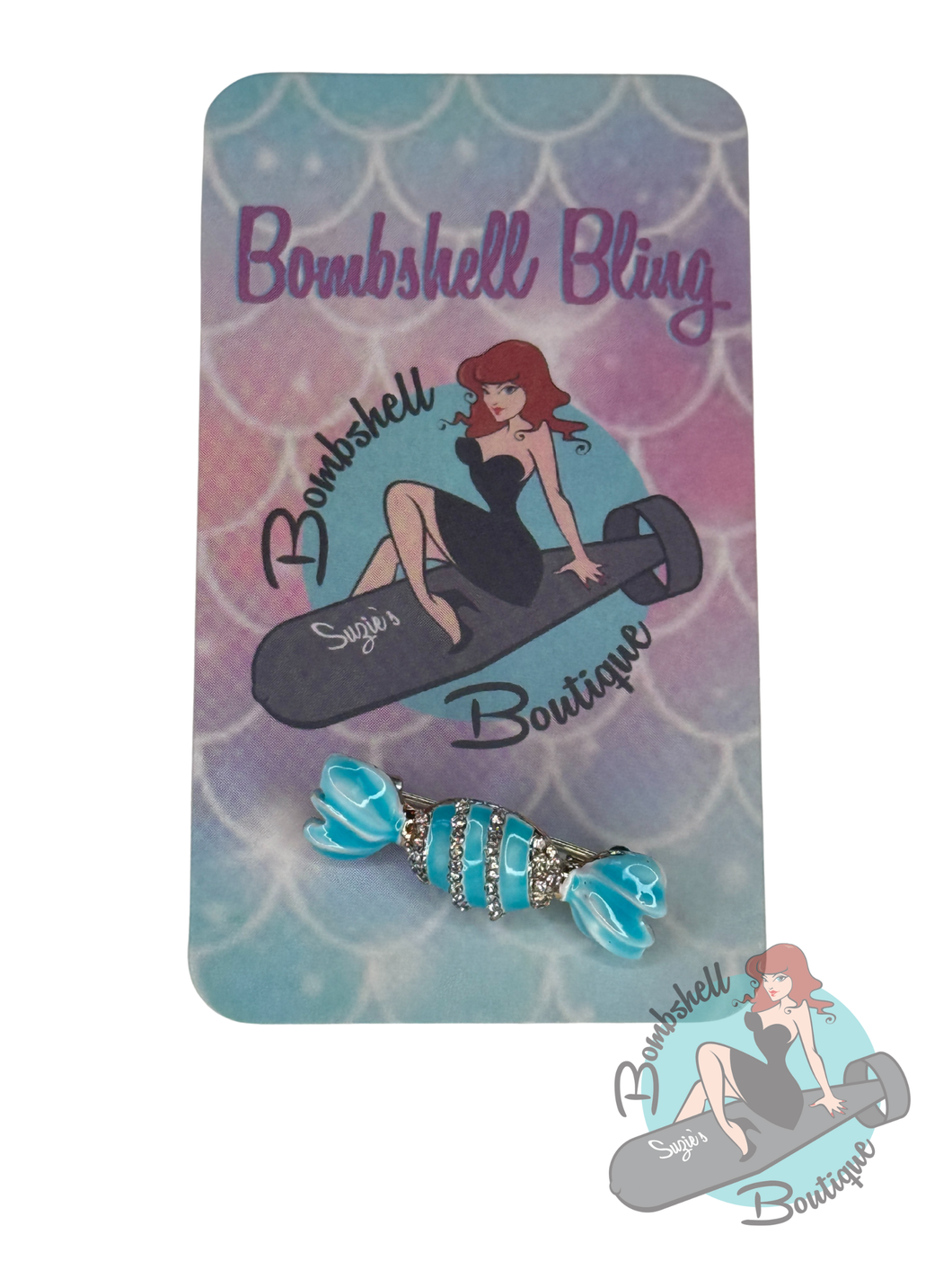 Christmas candy metal brooch with turquoise colour