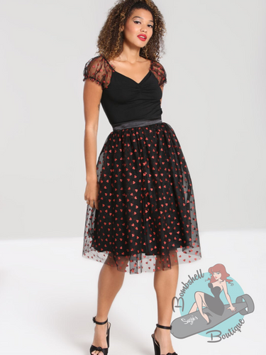 Black tulle swing skirt with red glitter heart design. Pair with Bianca top for a perfect pin up Valentine's outfit.