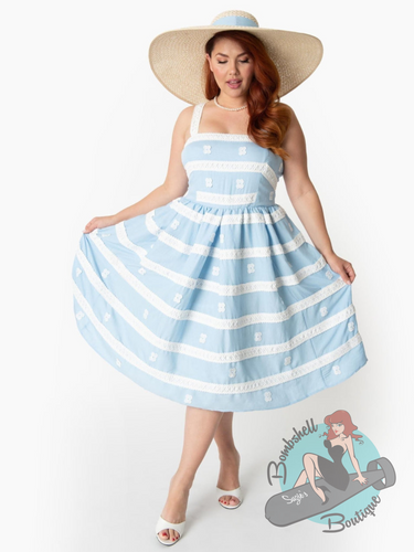 Blue and white Barbie sundress replica of the Suburban Shopper 1959 Barbie dress.