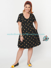 Unique Vintage Canada Unique Vintage Black Candy Corn Poppy Flare Dress black dress with halloween print pattern v neck side pockets cute flared spooky pinup dress retro vintage 40s 50s fit and flare Canadian Pin-Up Shop Suzie's Bombshell Boutique