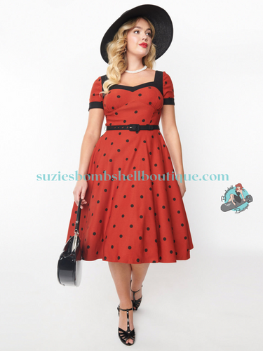 Unique Vintage Canada Unique Vintage Polka Dot Swing Dress rust stretch fabric with black dots 50s retro vintage pinup flared dress with pockets Canadian Pin-Up Shop Suzie's Bombshell Boutique