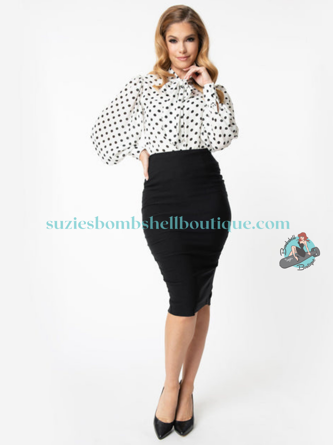 Unique Vintage Canada Unique Vintage Tracy High Waist Wiggle Skirt stretchy black fitted pencil skirt retro vintage 40s 50s pinup Canadian Pin-Up Shop Suzie's Bombshell Boutique
