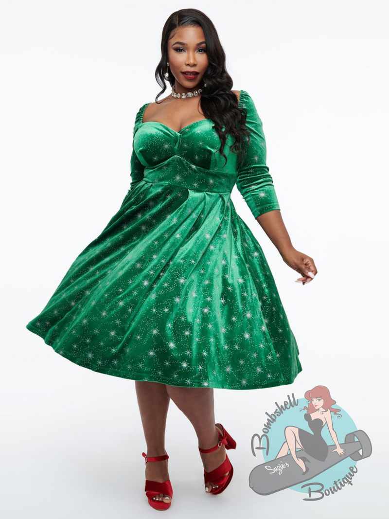 velvet swing dress Unique Vintage Green Velvet Lamar Swing Dress – Suzie's Bombshell Boutique