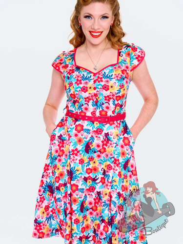 Floral swing dress in blue pink and red with cats in the flowers. This dress is a pinup rockabilly style flared dress with a sweetheart neckline, a 1950s silhouette, and pockets.