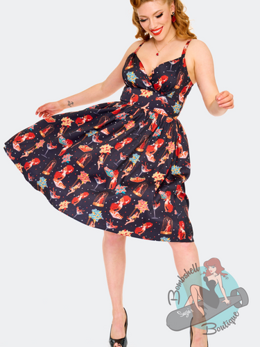 Black spaghetti strap swing dress with Las Vegas Sin City print of pinup girls and burlesque performers. This is a perfect dress for the Viva Las Vegas rockabilly show.
