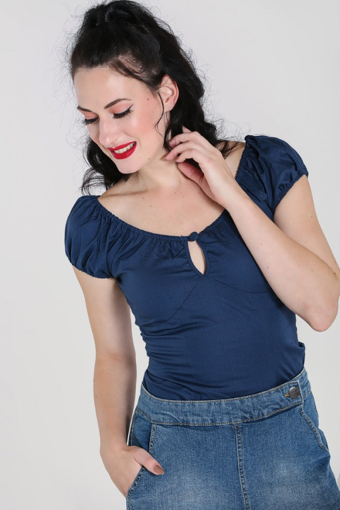 Hell Bunny Melissa Top Navy retro vintage pinup peasant top in blue 50s style shirt blouse Canadian Pin-Up Shop Suzie's Bombshell Boutique