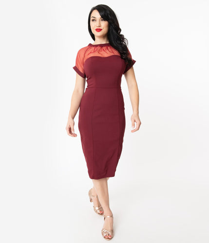 Unique Vintage Beaulieu Pencil Dress Burgundy Unique Vintage Canada wine coloured audrey hepburn style wiggle dress with sheer top and short sleeves retro vintage 40s 50s pinup dress Canadian Pin-Up Shop Suzie's Bombshell Boutique Port Dover